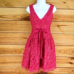 BCBGMAXAZRIA Fit & Flare‎ Dress Open Back Womens 2 Pink Sequins Belted NWT $348